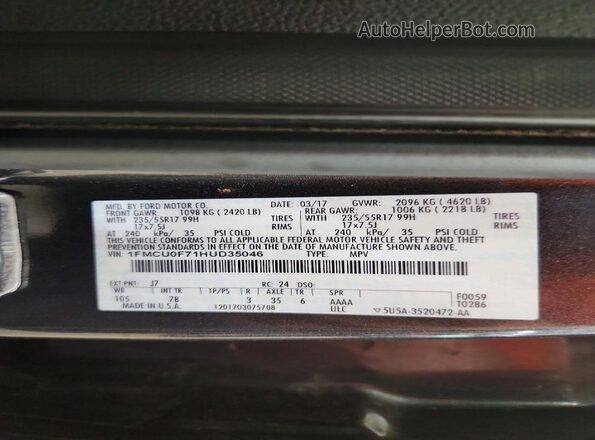 1FMCU0F71HUD35046 2017 FORD ESCAPE Gray Вид наклейки з VIN-кодом