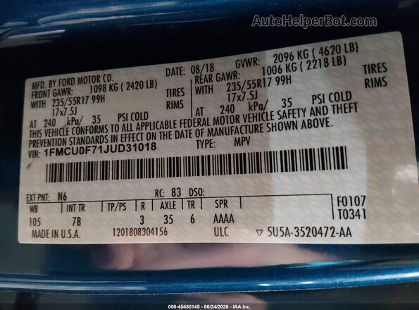 1FMCU0F71JUD31018 2018 FORD ESCAPE Blue Widok komory silnika