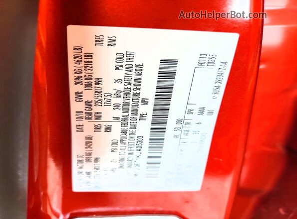 1FMCU0F71KUA05303 2019 FORD ESCAPE Orange VIN კოდის სტიკერის ხედი
