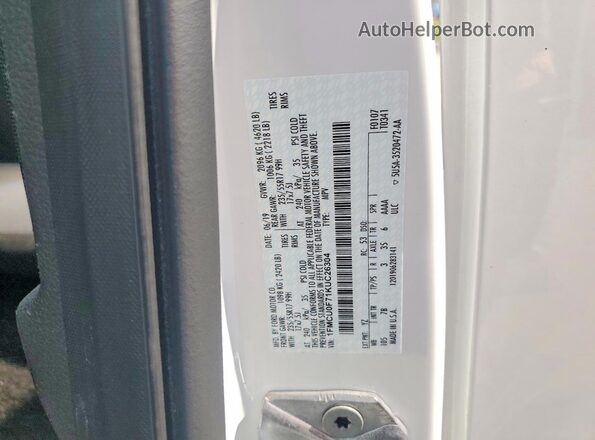 1FMCU0F71KUC26304 2019 FORD ESCAPE White Widok wnętrza 360 stopni