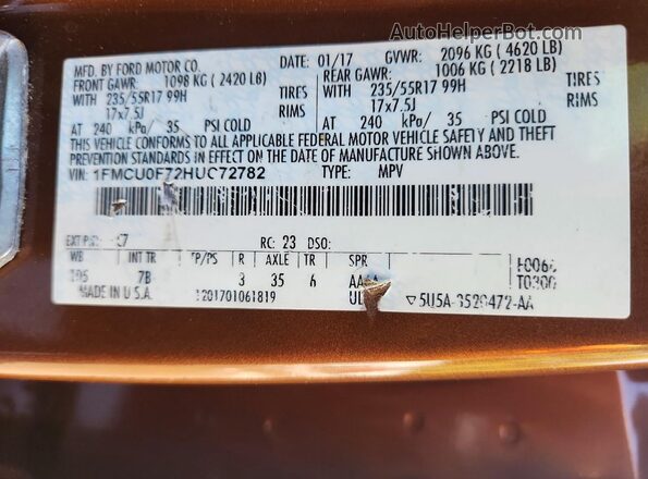 1FMCU0F72HUC72782 2017 FORD ESCAPE Orange VIN sticker view