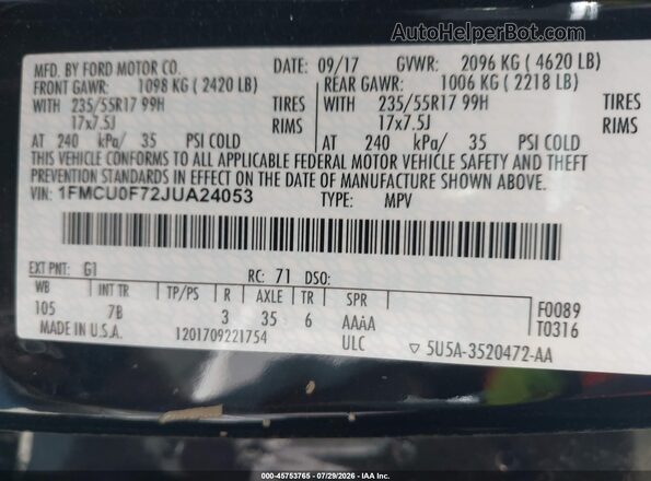 1FMCU0F72JUA24053 2018 FORD ESCAPE Black Vista del compartimento del motor