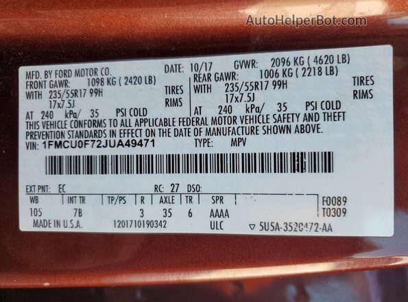1FMCU0F72JUA49471 2018 FORD ESCAPE Коричневый Вид наклейки с VIN-кодом