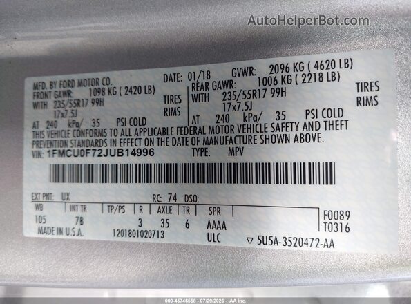 1FMCU0F72JUB14996 2018 FORD ESCAPE Silver Widok komory silnika