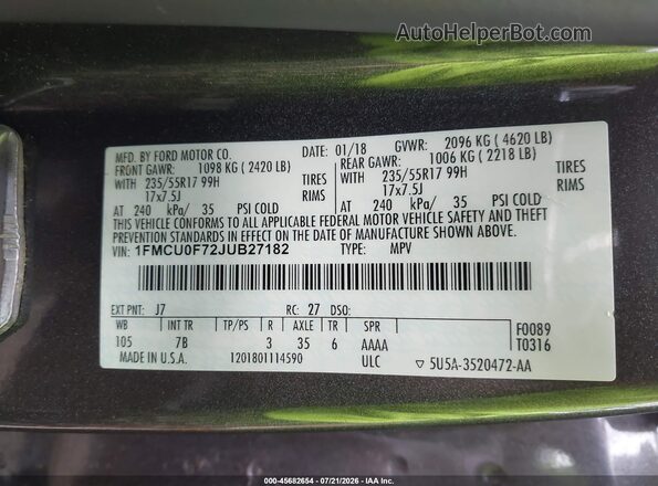 1FMCU0F72JUB27182 2018 FORD ESCAPE Gray Շարժիչի բաժամունքի տեսք