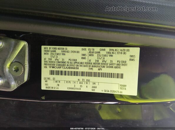 1FMCU0F72JUB96650 2018 FORD ESCAPE Black Engine compartment view