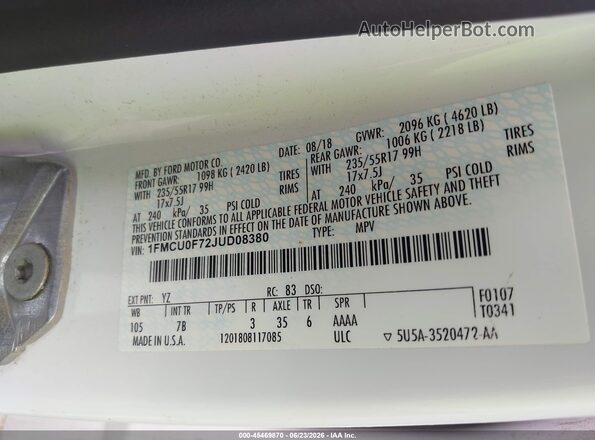 1FMCU0F72JUD08380 2018 FORD ESCAPE White ძრავის განყოფილების ხედი