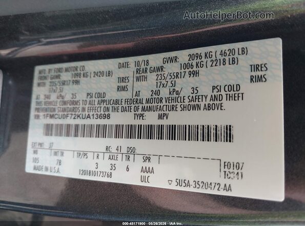 1FMCU0F72KUA13698 2019 FORD ESCAPE Gray Engine compartment view