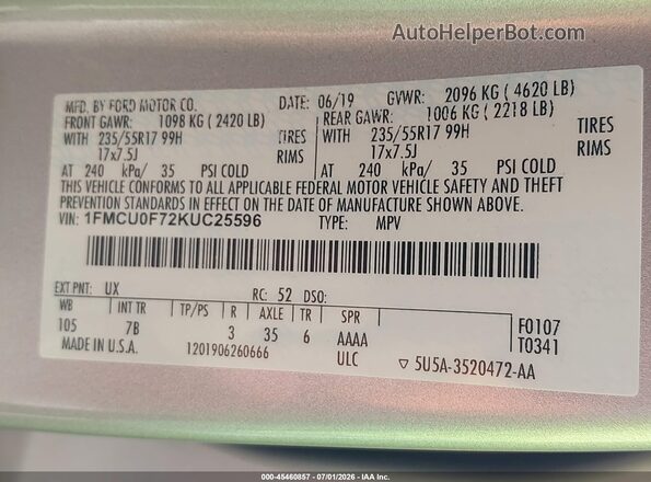 1FMCU0F72KUC25596 2019 FORD ESCAPE Silver ძრავის განყოფილების ხედი