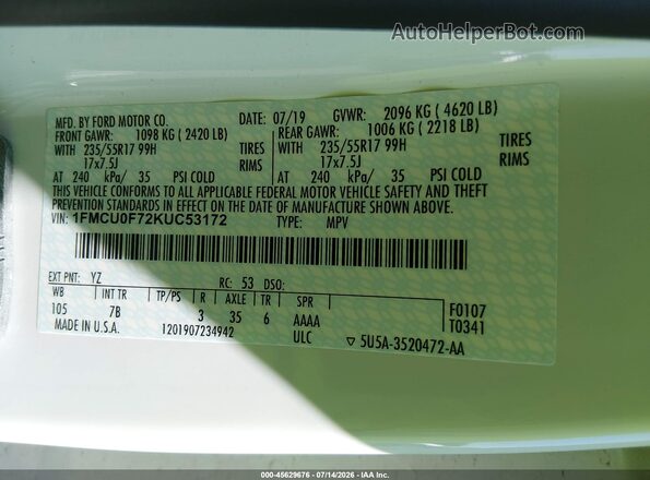 1FMCU0F72KUC53172 2019 FORD ESCAPE White Vista del compartimento del motor