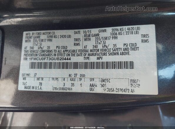 1FMCU0F73GUB20444 2016 FORD ESCAPE Gray ძრავის განყოფილების ხედი