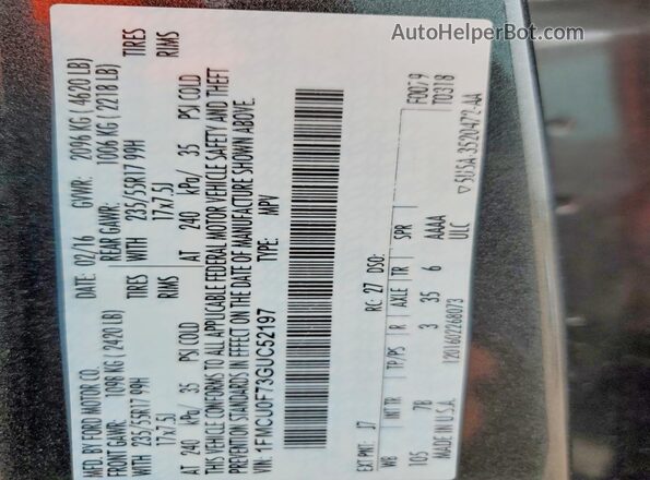 1FMCU0F73GUC52197 2016 FORD ESCAPE Gray Widok naklejki z numerem VIN
