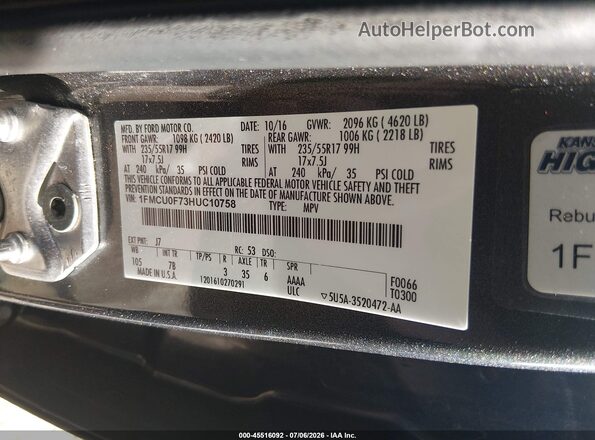 1FMCU0F73HUC10758 2017 FORD ESCAPE Gray ძრავის განყოფილების ხედი