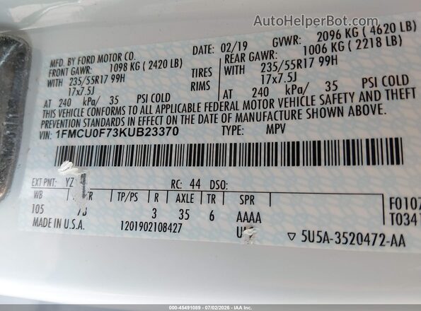 1FMCU0F73KUB23370 2019 FORD ESCAPE White Widok komory silnika
