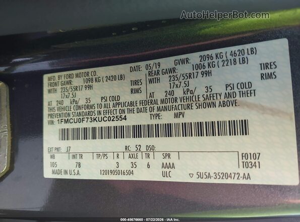 1FMCU0F73KUC02554 2019 FORD ESCAPE Gray Շարժիչի բաժամունքի տեսք
