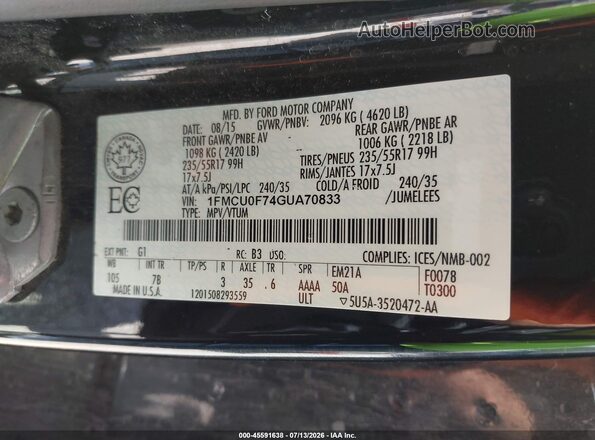1FMCU0F74GUA70833 2016 FORD ESCAPE Black Vista del compartimento del motor