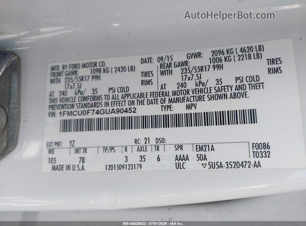 1FMCU0F74GUA90452 2016 FORD ESCAPE White ძრავის განყოფილების ხედი
