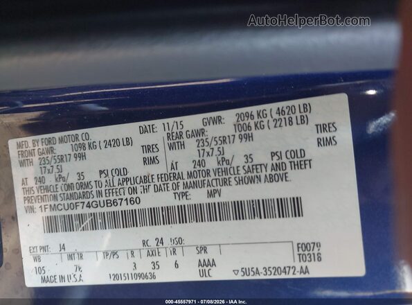1FMCU0F74GUB67160 2016 FORD ESCAPE Blue Widok komory silnika