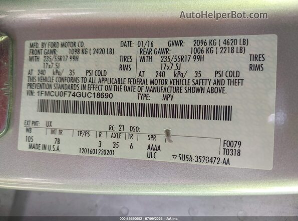 1FMCU0F74GUC18690 2016 FORD ESCAPE Серебряный Вид подкапотного пространства
