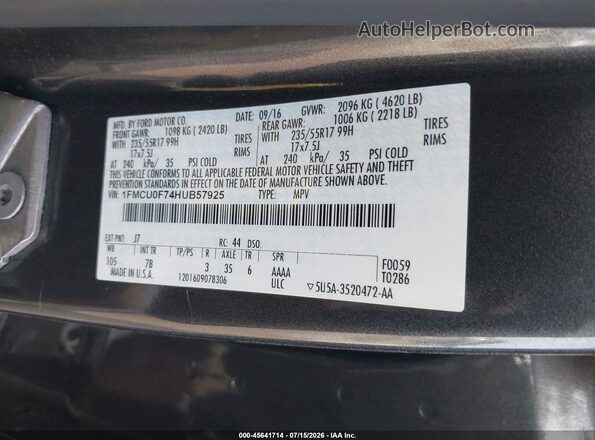 1FMCU0F74HUB57925 2017 FORD ESCAPE Gray Widok komory silnika