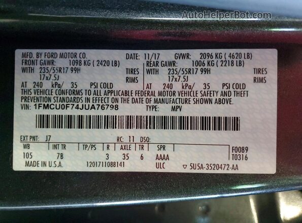 1FMCU0F74JUA76798 2018 FORD ESCAPE Gray VIN կոդի պիտակի տեսք