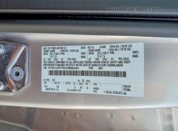 1FMCU0F75HUB66343 2017 FORD ESCAPE Silver სალონის 360-გრადუსიანი ხედი
