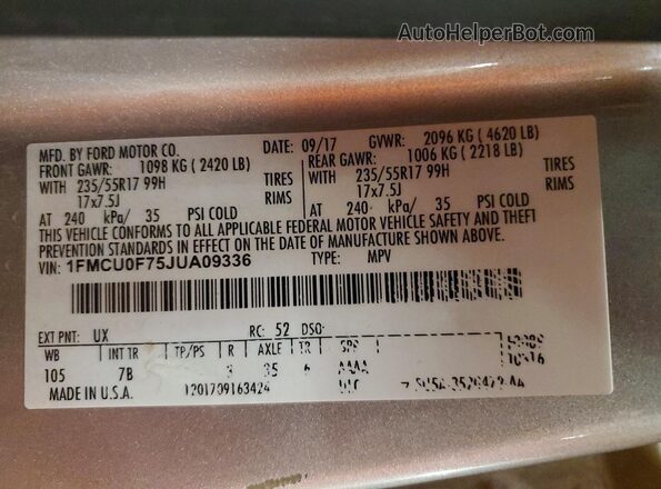 1FMCU0F75JUA09336 2018 FORD ESCAPE Silver სალონის 360-გრადუსიანი ხედი