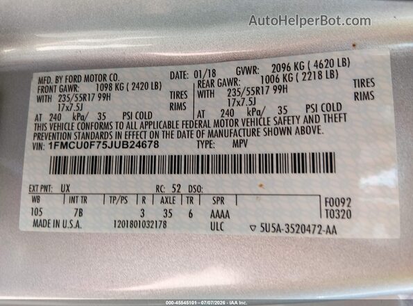 1FMCU0F75JUB24678 2018 FORD ESCAPE Серебряный Вид подкапотного пространства