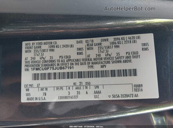 1FMCU0F75JUB67191 2018 FORD ESCAPE Gray Вид підкапотного простору