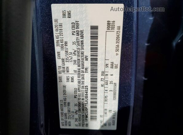 1FMCU0F75JUB84525 2018 FORD ESCAPE Blue VIN sticker view