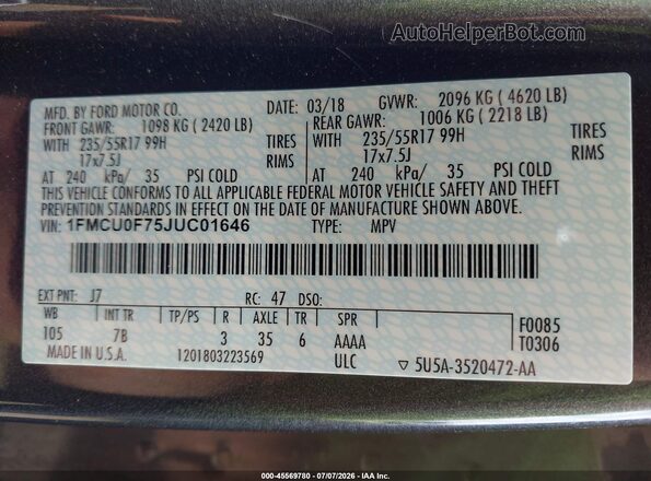 1FMCU0F75JUC01646 2018 FORD ESCAPE Gray Vista del compartimento del motor