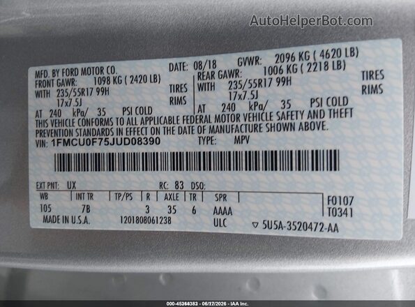 1FMCU0F75JUD08390 2018 FORD ESCAPE Silver Engine compartment view