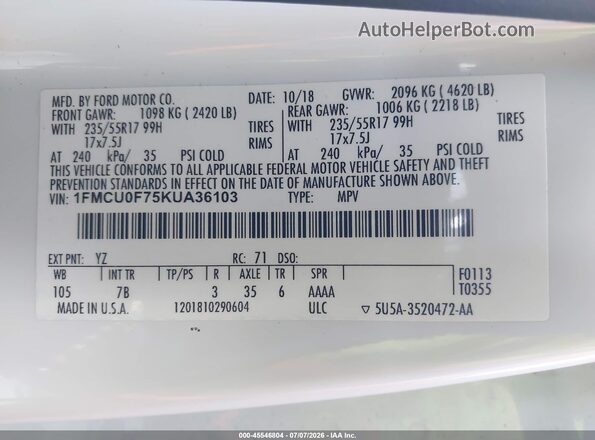 1FMCU0F75KUA36103 2019 FORD ESCAPE White Vista del compartimento del motor