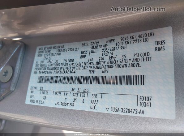 1FMCU0F75KUB32104 2019 FORD ESCAPE Silver Engine compartment view