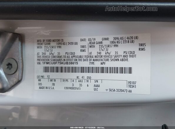 1FMCU0F75KUB38615 2019 FORD ESCAPE White Vista del compartimento del motor