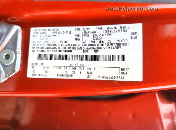 1FMCU0F75KUB54068 2019 FORD ESCAPE Orange Вид наклейки з VIN-кодом