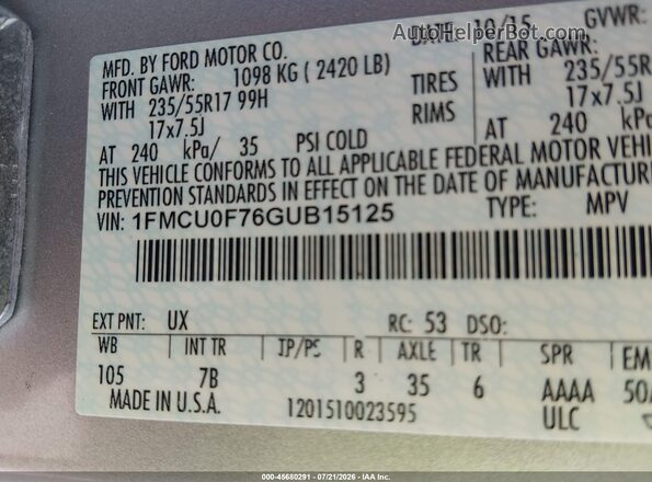 1FMCU0F76GUB15125 2016 FORD ESCAPE Gray Vista del compartimento del motor