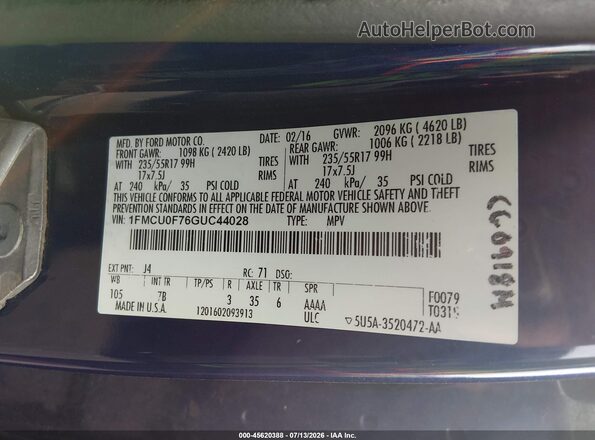 1FMCU0F76GUC44028 2016 FORD ESCAPE Blue Вид підкапотного простору