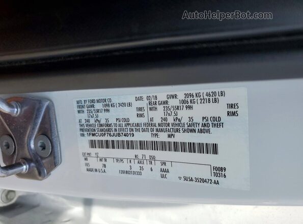 1FMCU0F76JUB74019 2018 FORD ESCAPE Белый Вид подкапотного пространства