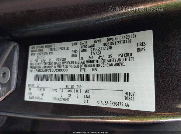 1FMCU0F76JUC89333 2018 FORD ESCAPE Gray Շարժիչի բաժամունքի տեսք