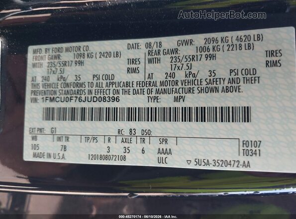 1FMCU0F76JUD08396 2018 FORD ESCAPE Black Widok komory silnika