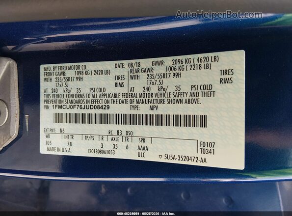 1FMCU0F76JUD08429 2018 FORD ESCAPE Blue Engine compartment view