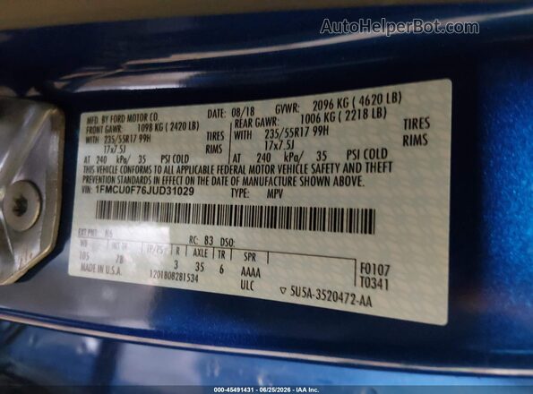 1FMCU0F76JUD31029 2018 FORD ESCAPE Blue Widok komory silnika