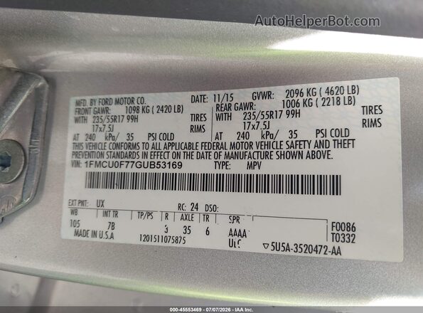 1FMCU0F77GUB53169 2016 FORD ESCAPE Silver Вид підкапотного простору