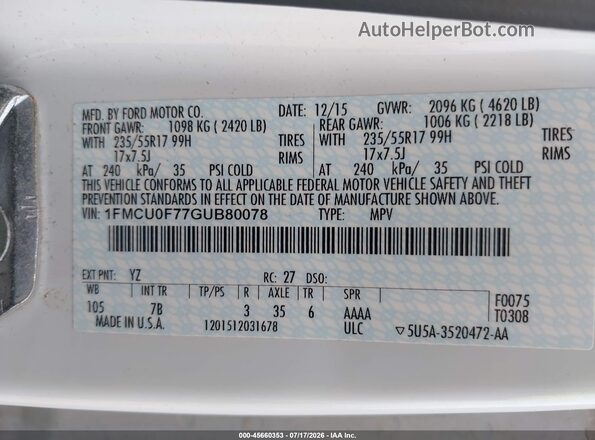 1FMCU0F77GUB80078 2016 FORD ESCAPE Белый Вид подкапотного пространства