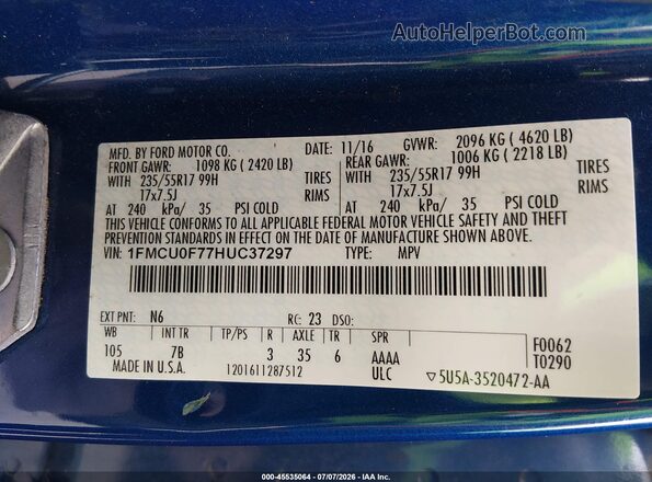 1FMCU0F77HUC37297 2017 FORD ESCAPE Blue Вид підкапотного простору