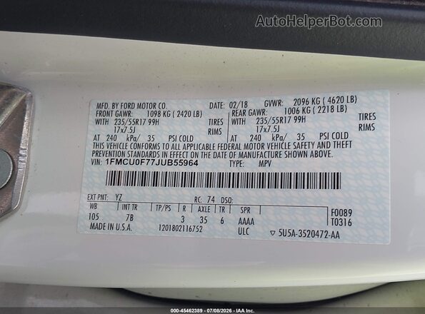 1FMCU0F77JUB55964 2018 FORD ESCAPE Белый Вид наклейки с VIN-кодом