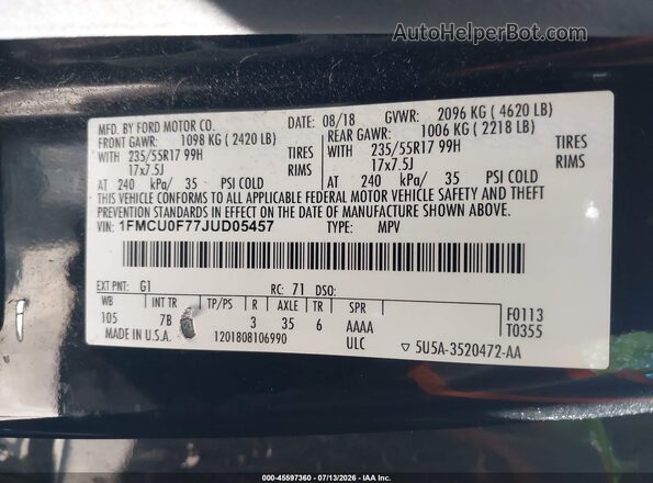 1FMCU0F77JUD05457 2018 FORD ESCAPE Black Vista del compartimento del motor