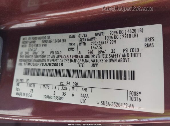 1FMCU0F78JUB20916 2018 FORD ESCAPE Burgundy Engine compartment view