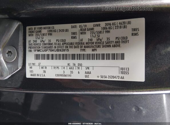1FMCU0F78KUB92815 2019 FORD ESCAPE Gray Вид підкапотного простору